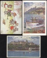 3 db régi, vegyes tematikájú (művész és városképes) képeslap, pinx. Arthur Thiele, Wágner Géza