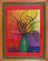 Milichovszky András: Zöld vázás csendélet. Pasztell, papír, jelzett, üvegezett keretben, 80×62 cm