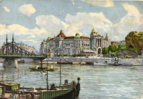 Budapest XI. Szent Gellért Szálló és Gyógyfürdő a Dunáról nézve, gőzhajókkal (fa)