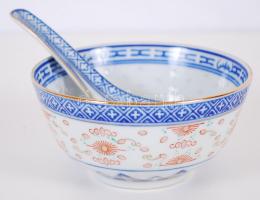 Kínai kézzel festett csésze evőkanállal, hibátlan, jelzett, d:11 cm