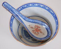 Kínai kézzel festett csésze evőkanállal, hibátlan, jelzett, d:11 cm