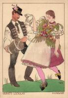 Húsvéti locsolás / Easter, Hungarian folklore, hand-painted postcard s: Holló