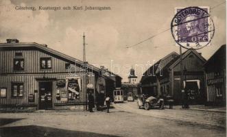 Göteborg Coastal square and Karl Johan street, cigar shop, the shop of Smor, trams