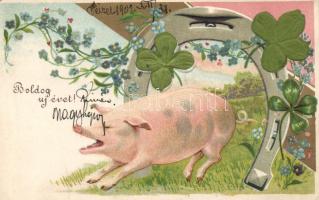 New Year, pig Emb. litho silk card