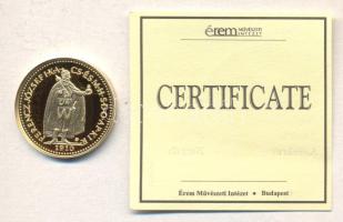 "Magyar aranypénzek utánveretben - Ferenc József 10 korona" aranyozott Ag emlékérem (5.5g) T:PP csak 2009db! Tanúsítvánnyal