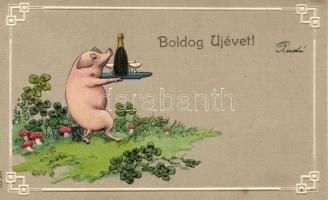 New Year, pig, mushroom Emb. litho