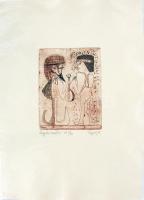 Püspöky István (1950- ) Árgyélus mesél szignált rézkarc merített papíron (EA II/XV. jelzéssel) 42x30cm + rövid ismertető a művészről