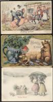 3 db régi újévi üdvözlőlap malacokkal, kéményseprővel, pénzzel és lóherével, köztük egy litho