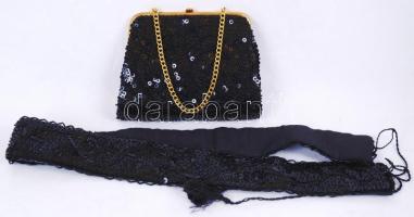 Fekete flitteres színházi táska és öv kötőkkel, 13×15 cm, h:140 cm, jó állapotban
