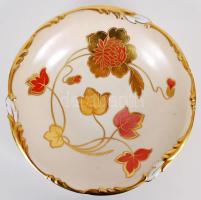 Kézzel festett, aranyozott, jelzett Johann Haviland Bavaria és Handmalerei Dassler München dísztányér /  Hand painted gold plated decorative porcelain plate from Johann Haviland and Handmalerei Dassler München, d: 27cm