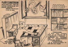 1935 Grätzer József, a 'rejtvénykirály' saját gyermeke születéséről készített, az örömhírt közlő humoros grafikai képeslapja (EB)