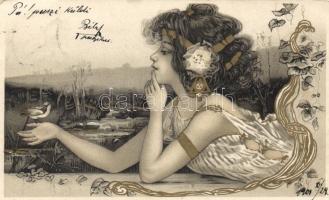 Lady with a bird litho