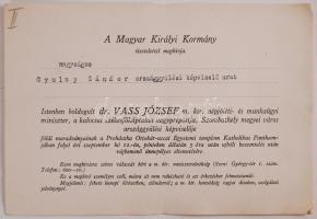 1930 Meghívó Gyulay Sándor részére Vass József (1877-1930) m. kir. népjóléti és munkaügyi miniszter temetésére