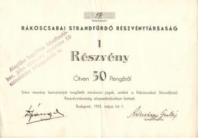 1931. Rákoscsabai Strandfürdő Részvénytársaság részvénye 50P-ről, pecsételve névérték 50%-ra csökkentéssel (2x) egymás utáni sorszámmal