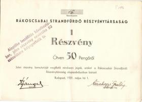 1931. Rákoscsabai Strandfürdő Részvénytársaság részvénye 50P-ről, pecsételve névérték 50%-ra csökken...
