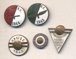 1940-es évek 5db különféle zománcozott sport témájú jelvény, közte "Siketek Sport Clubja", "HRSZ SE" T:2,2-(tű nélkül)