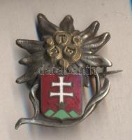 ~1930. "Magyar Turista Egyesület" hivatalos jelvénye, zománcozott fém (havasi gyopár benne körben MTE, alul kapcsolódik hozzá a pajzs a kettős kereszttel) készítő: Jerouschek Bpest Semmelweis u. T:2