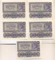 Ausztria 1922. 10K (5x) egymásutáni sorszámmal! T:I Austria 1922. 10 Kronen (5x) sequential serial number C:UNC