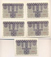 Ausztria 1922. 10K (5x) egymásutáni sorszámmal! T:I
Austria 1922. 10 Kronen (5x) sequential serial n...