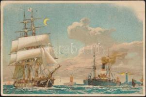 Sailing boat and steam ship with lighthouses, litho, hold to light (fl)