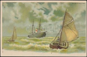 Sailing boats and steam ship litho, hold to light