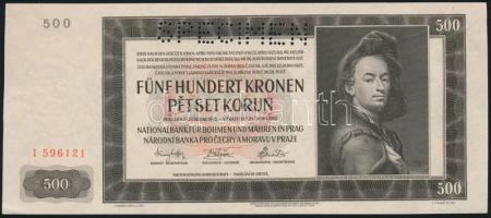 Német 3. Birodalom/Cseh-Morva Protektorátus 1942. 500K "SPECIMEN" lyukasztással T:I German Third Reich/Protectorate of Bohemia and Moravia 1942. 500 Korun with SPECIMEN perforation C:Unc