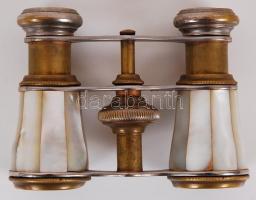 Impozáns gyöngyház berakásos színházi látcső, 2 db. sérült gyöngyház berakással, kopott állapotban