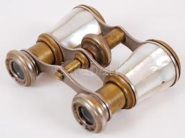 Impozáns gyöngyház berakásos színházi látcső, 2 db. sérült gyöngyház berakással, kopott állapotban