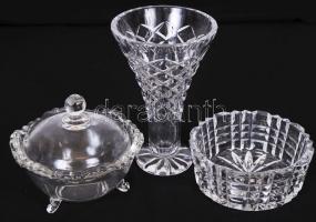 Üveg tétel: Formába öntött váza m:15 cm, kis tálka d:11 cm, kis bonbonier d:12 cm, hibátlanok