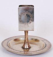 Art deco ezüstözött alpakka hamutál és gyufatartó (az ezüstözés nagyrészt lekopott) /  Nickel silver art deco ashtray and matchbox stand with silver plating mostly worn off