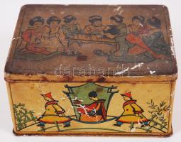 Fratelli Deisinger Budapest festett fém teásdoboz kínai jelenetekkel /  Vintage tea box, 11x14x7cm