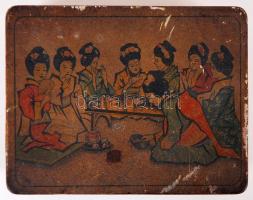 Fratelli Deisinger Budapest festett fém teásdoboz kínai jelenetekkel / 
Vintage tea box, 11x14x7cm