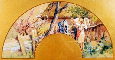 Neogrády Antal (1861-1942): Teregető kislány. Akvarell, papír-karton, jelzett, egyedi paszpartuban, ...