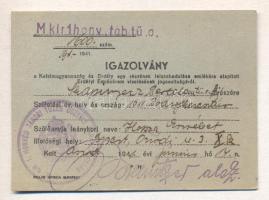 1941. Igazolvány a Keletmagyarország és Erdély egy részének felszabadulása emlékére alapított Erdély...