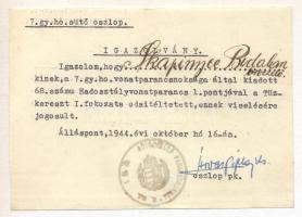 1944. Igazolvány a Tűzkereszt I. fokozatának odaítéléséről és viselésének jogosultságáról