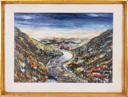Olvashatatlan jelzéssel: Folyó a hegyek között. Akril, karton, üvegezett keretben 47×61 cm