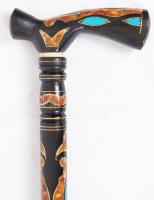 Türkiz-, borostyán- és rézberakással díszített, nemesfából faragott sétabot / 
Walking stick from pr...