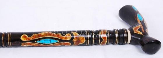 Türkiz-, borostyán- és rézberakással díszített, nemesfából faragott sétabot / 
Walking stick from pr...