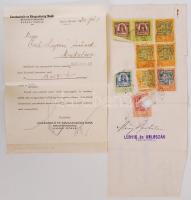 1924 Kassai Bank R.T. pecsétes levele, számlákkal, okmánybélyegekkel