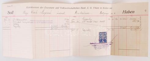 1924 Kassai Bank R.T. pecsétes levele, számlákkal, okmánybélyegekkel