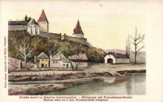 Segesvár Franciscan church, Malom street, after a watercolor by Betty Schuller