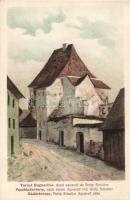 Segesvár Kádár tower, after a watercolor by Betty Schuller, s: B. Sch.