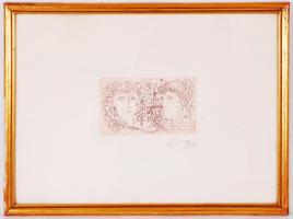 Kass János (1927-2010): Barátnők 1969. Rézkarc, papír, jelzett, üvegezett keretben 43x32 cm