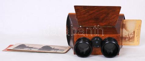 cca 1900 Fa sztereokép-nézegető 3db fotóval /  Wooden stereoscopic viewer with 3 photos, 18x16x11cm