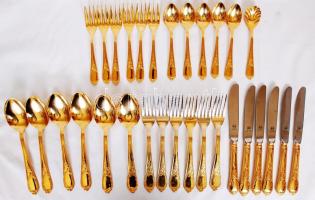Jelzett,hat személyes aranyozott nemes acél evőeszköz készlet, villákon kis kopással, összesen: 30 db/ German gold plated flatware 30 pcs