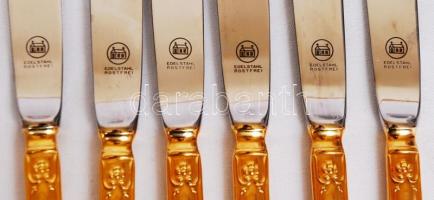 Jelzett,hat személyes aranyozott nemes acél evőeszköz készlet, villákon kis kopással, összesen: 30 d...