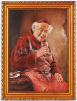 Alex jelzéssel: Ferences pap a borospincében. Olaj, farost, régi fa keretben 46×36 cm