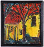 Király 1976 jelzéssel: Templom részlet. Olaj, farost, keretben 38×35 cm