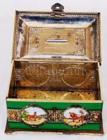 Fém persely vadászattal kapcsolatos képekkel (állatokról), hiányos, 17×11×9 cm