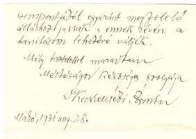 1931 Kecskeméti Ármin makói főrabbi saját kézzel írt levele Lyka Károlynak? melyben megfelelő állásé...
